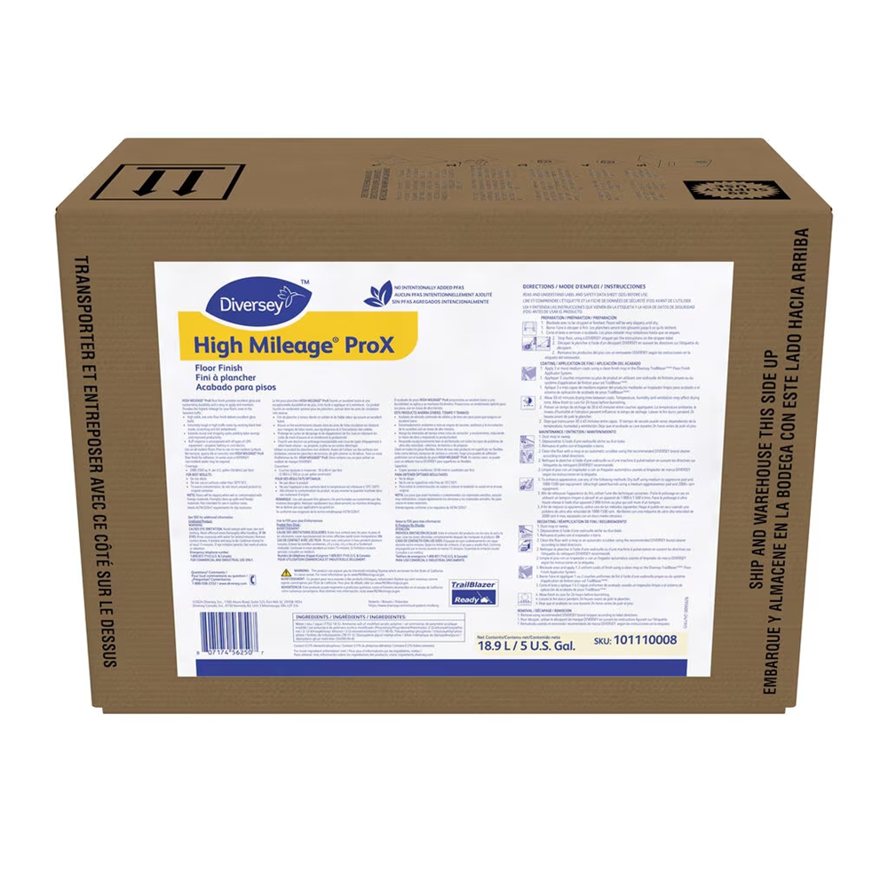 A brown cardboard box with a white label containing text and instructions printed on the front. High Mileage® ProX Floor Finish (5 Gal., 1/Case)